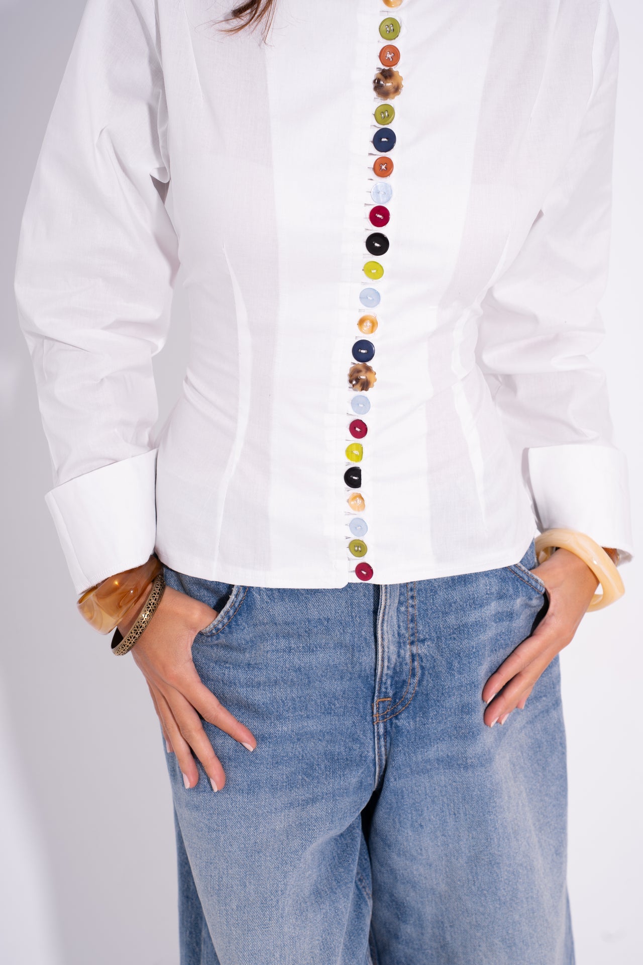 Poplin Colorful Button Shirt – White
