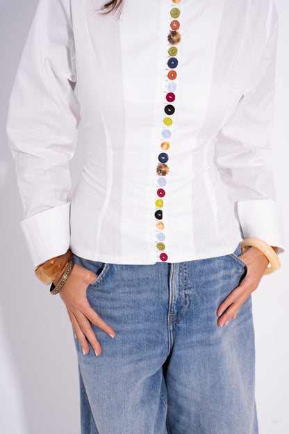Poplin Colorful Button Shirt – White