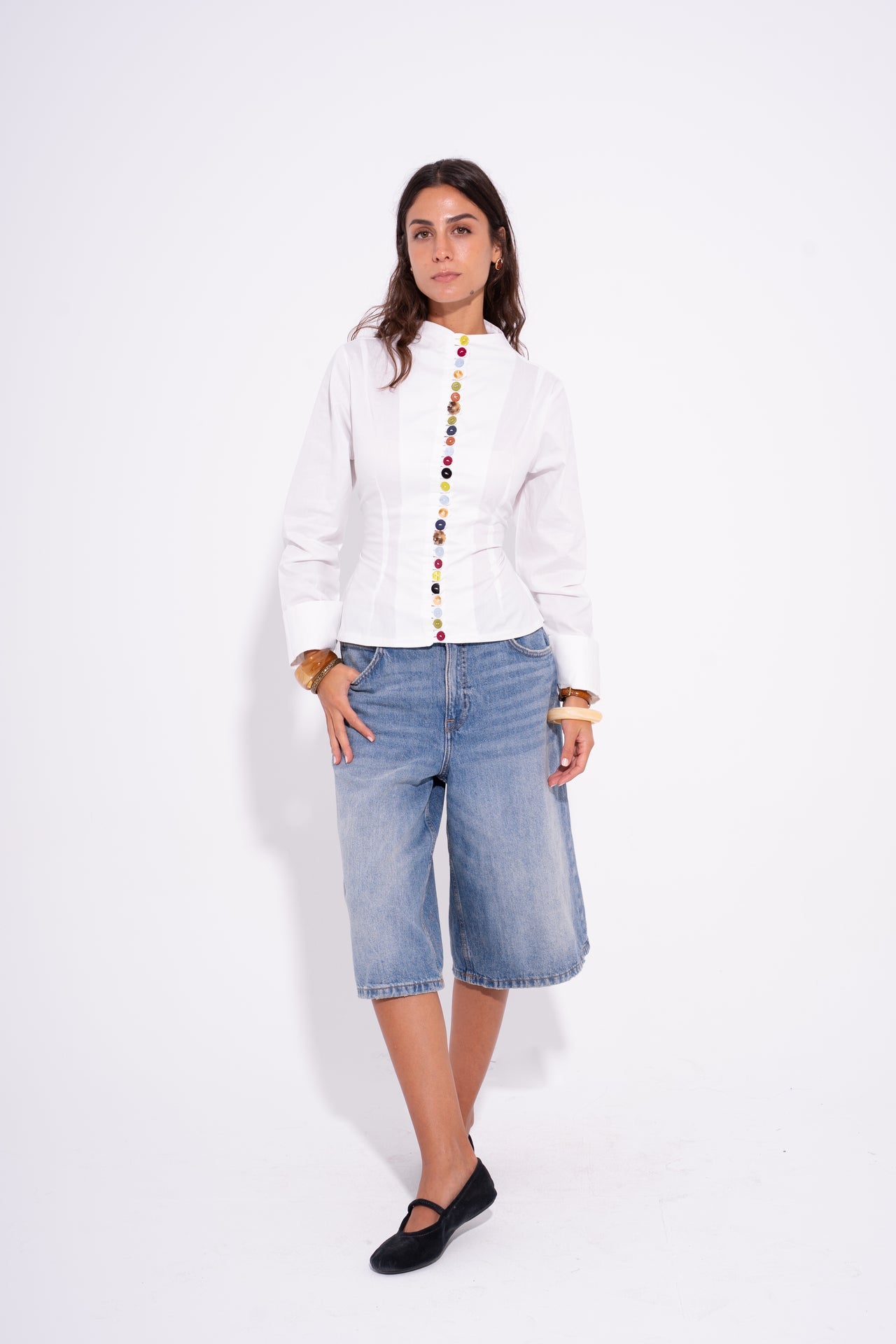 Poplin Colorful Button Shirt – White