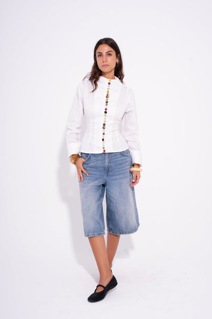 Poplin Colorful Button Shirt – White