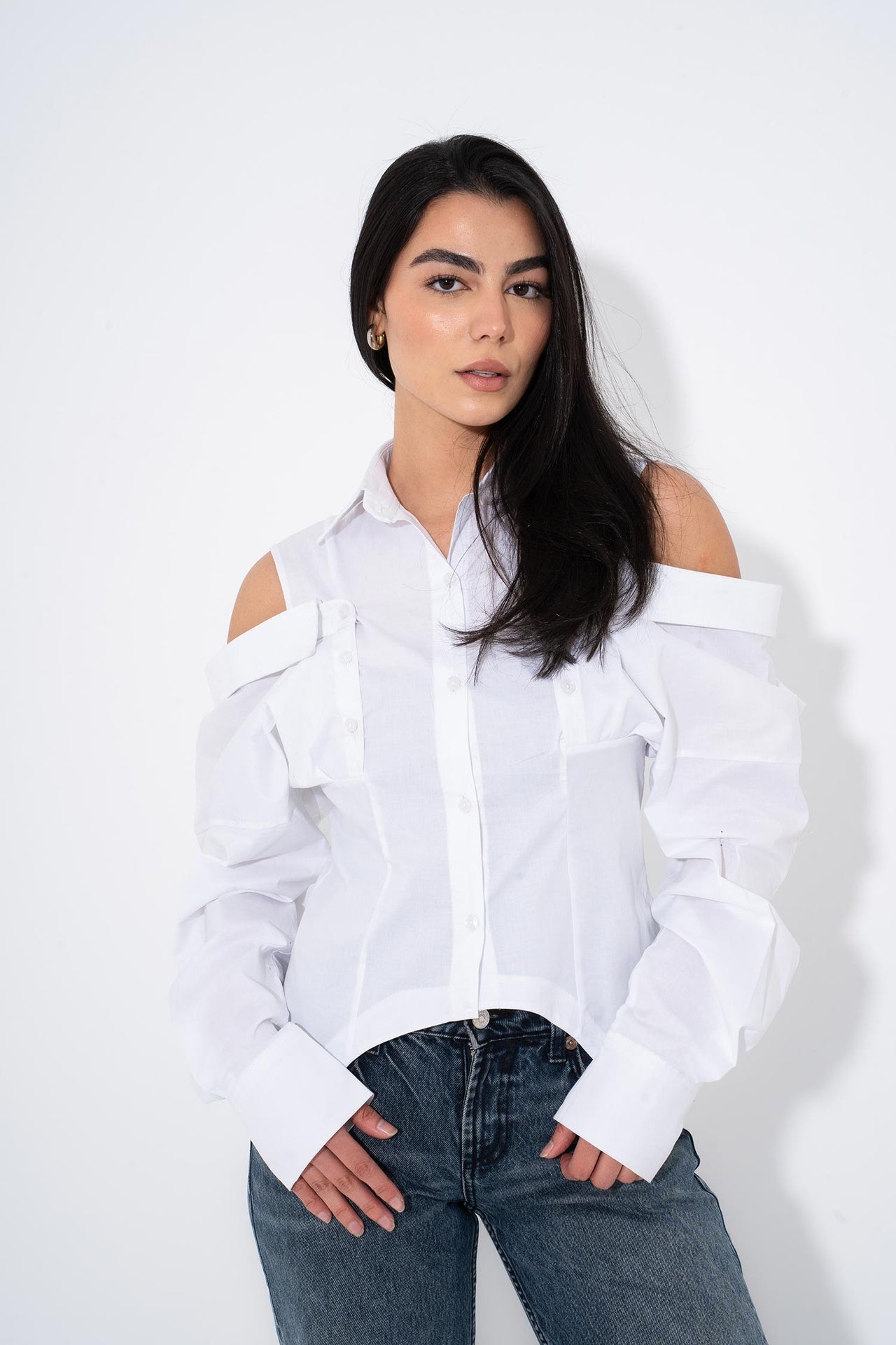 Cut-Out Shoulder Shirt -White