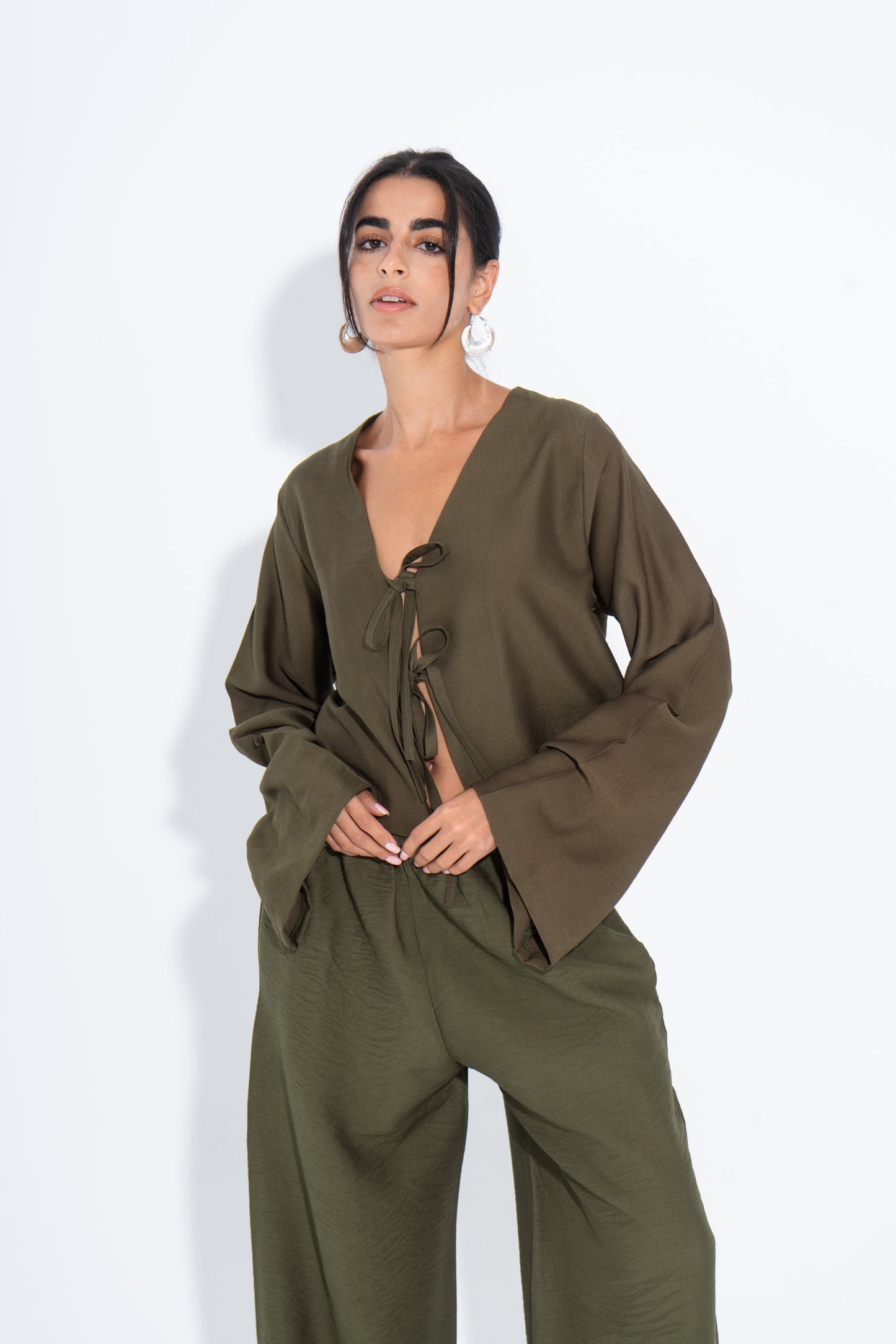 Linen Solid Two-Piece Set – Olive Green