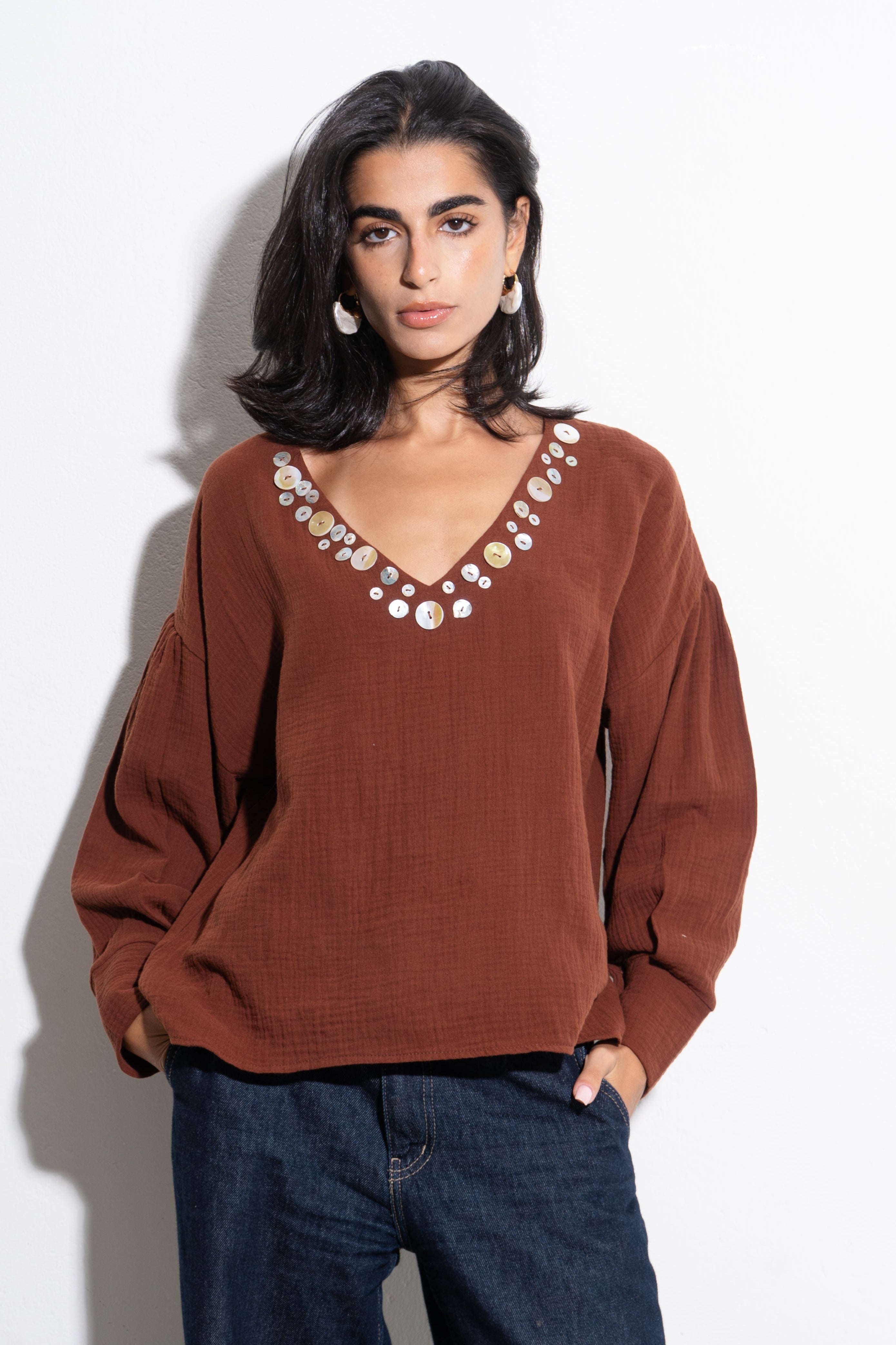 Linen Solid Embellished Blouse – Brown
