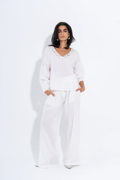 Linen Solid Two-Piece Set – White
