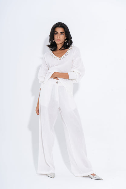 Linen Solid Two-Piece Set – White