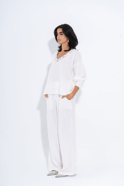 Linen Solid Two-Piece Set – White