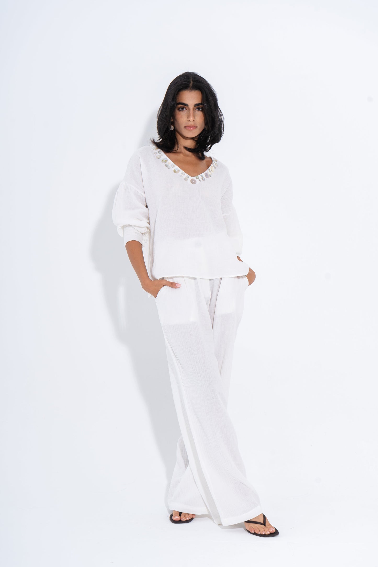 Linen Solid Two-Piece Set – White