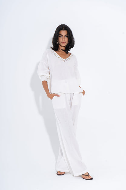 Linen Solid Two-Piece Set – White
