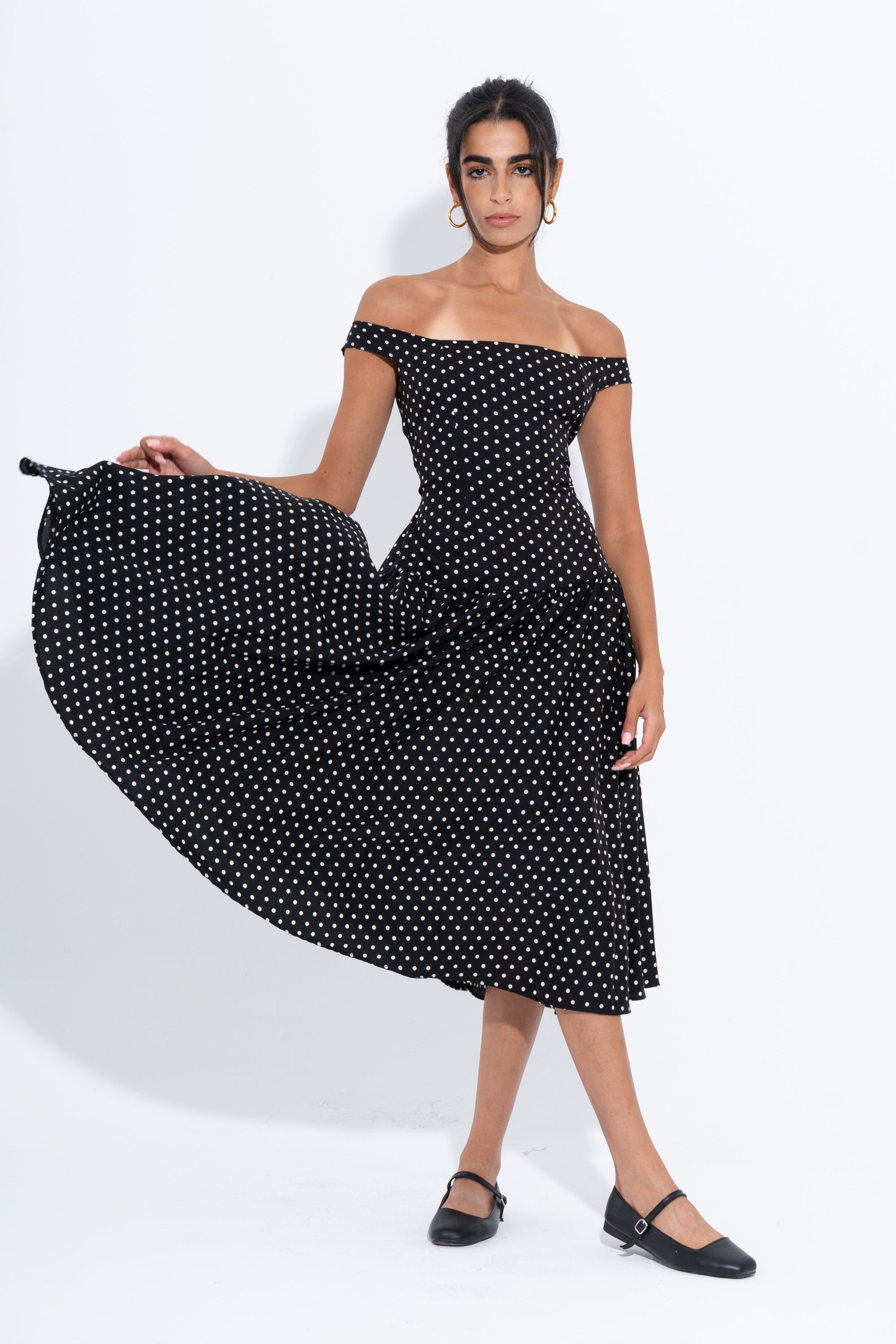 Lycra Polka Dot Off-Shoulder Dress – Black