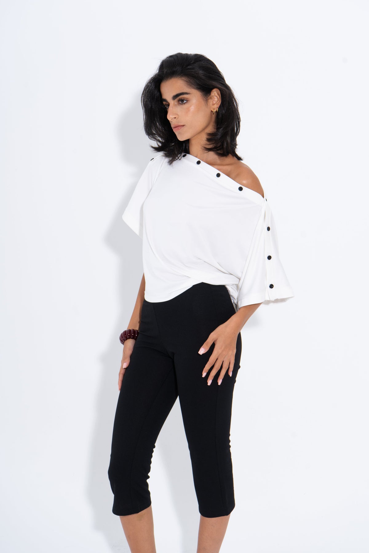 Buttoned Shoulder Cotton Lycra Solid Buttoned Shoulder Top – White – MALABISY