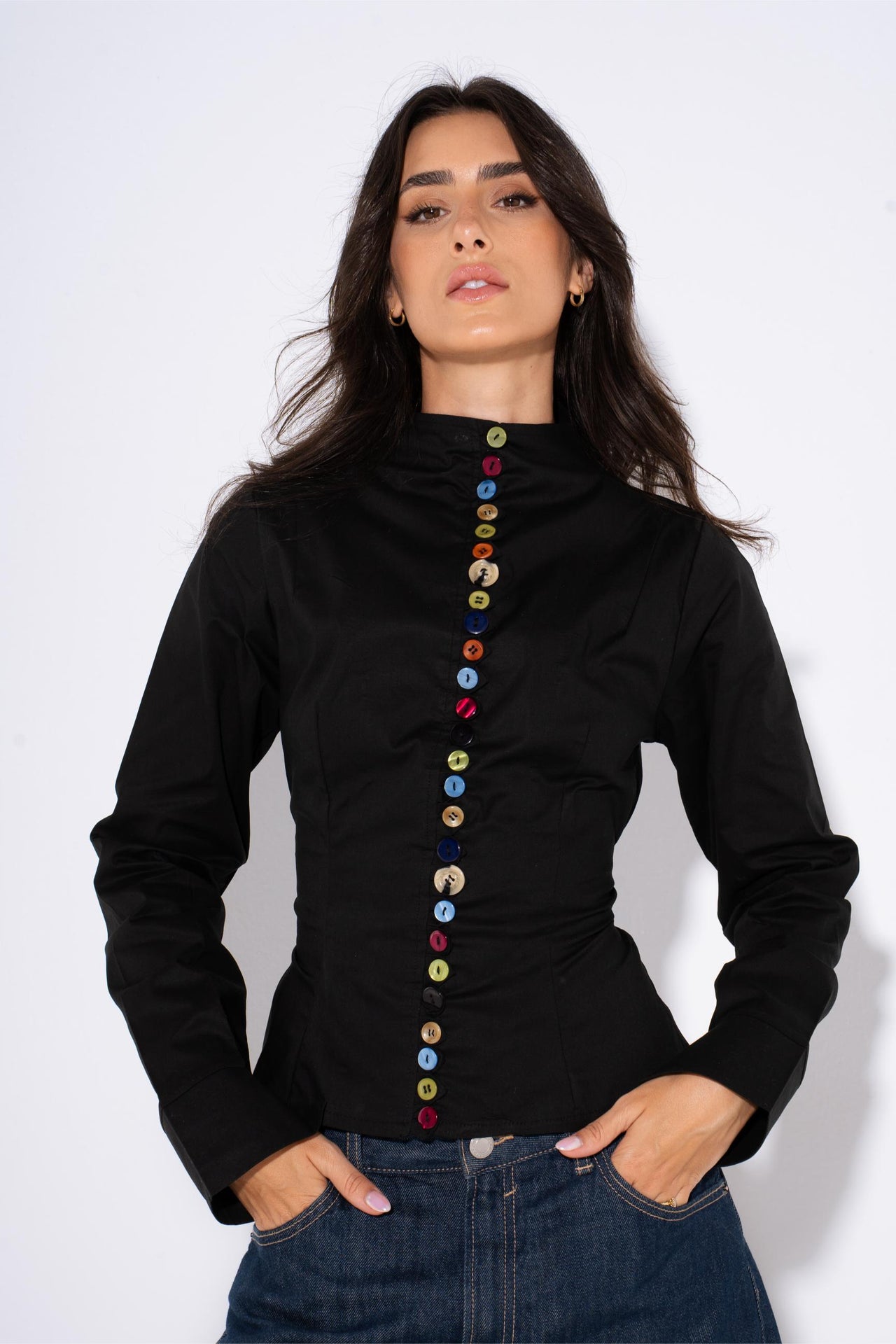 Colorful Long Sleeves Buttons Shirt - Black