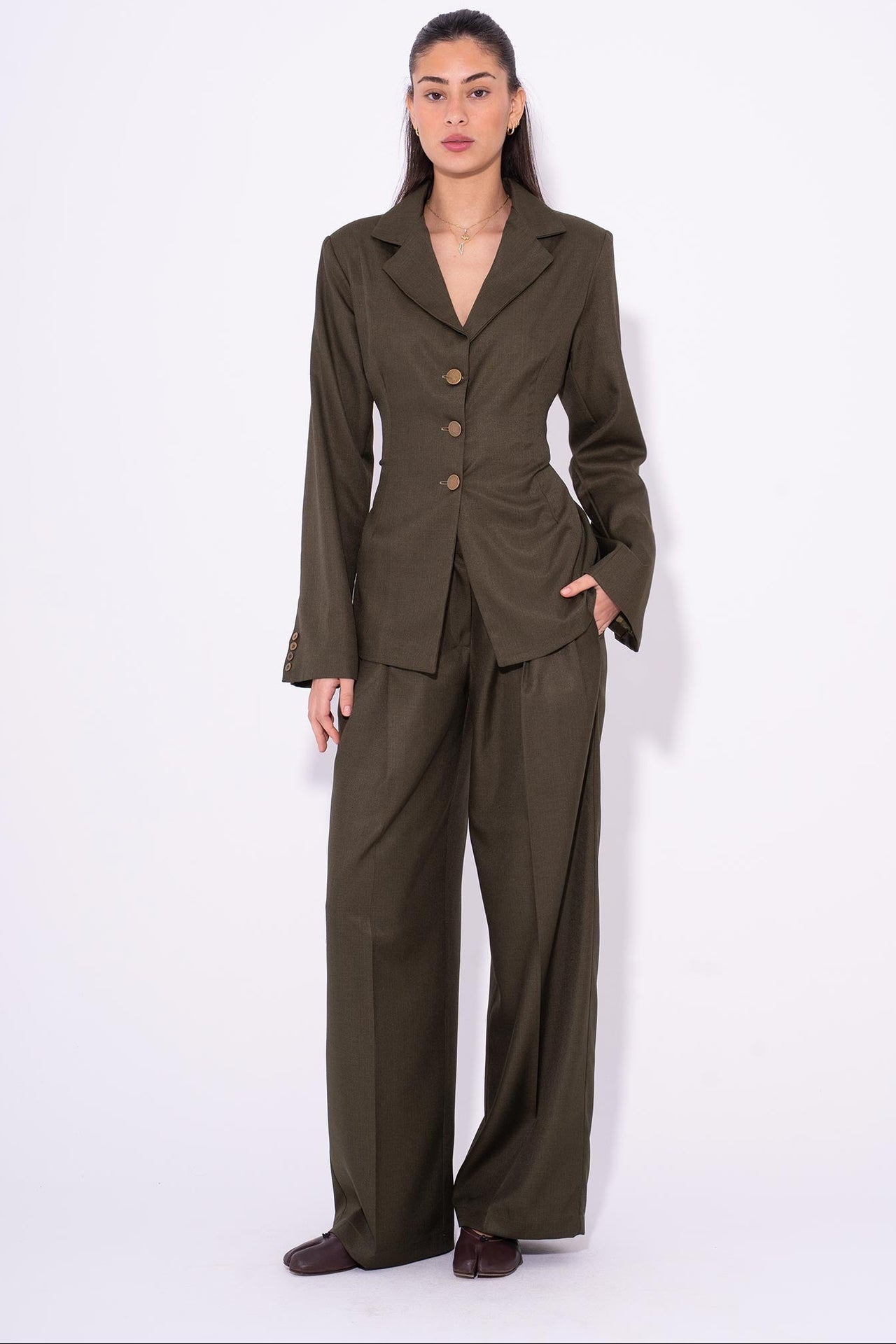 Tailored Wide-Leg Suit Set - Olive