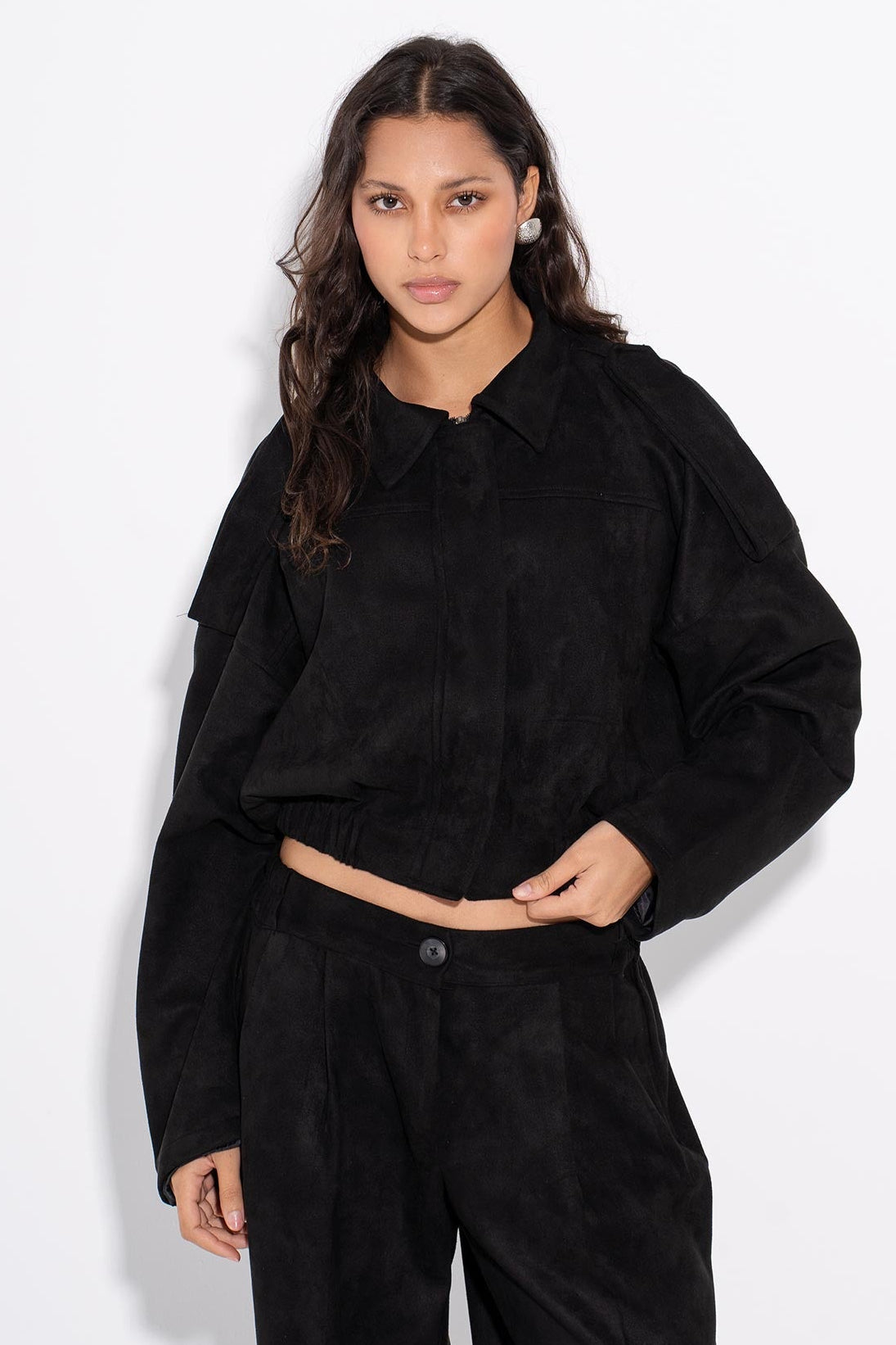 Suede Plain Cropped Jacket – Black