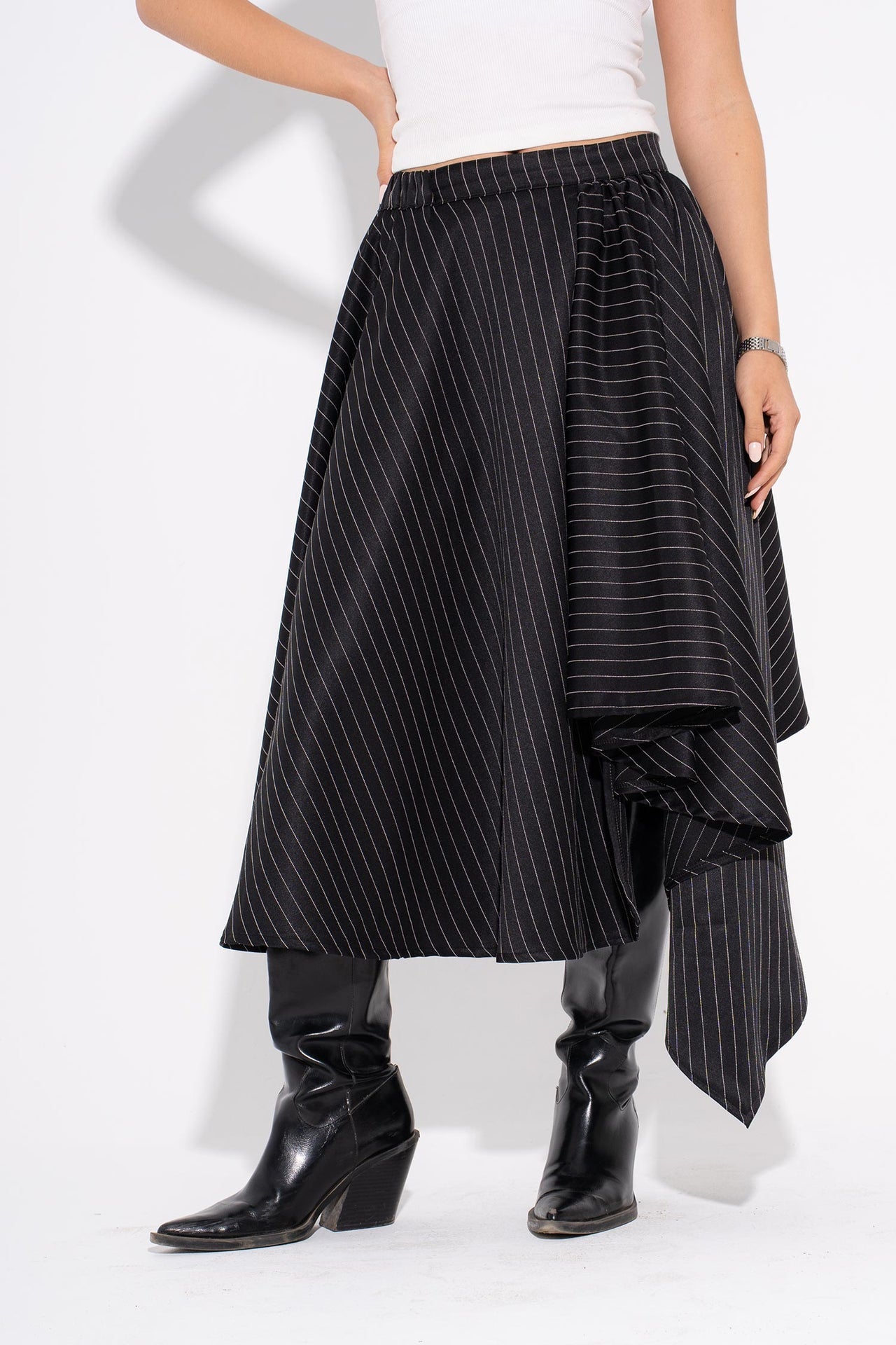 Gabardine Pinstripe Asymmetrical Skirt – Black