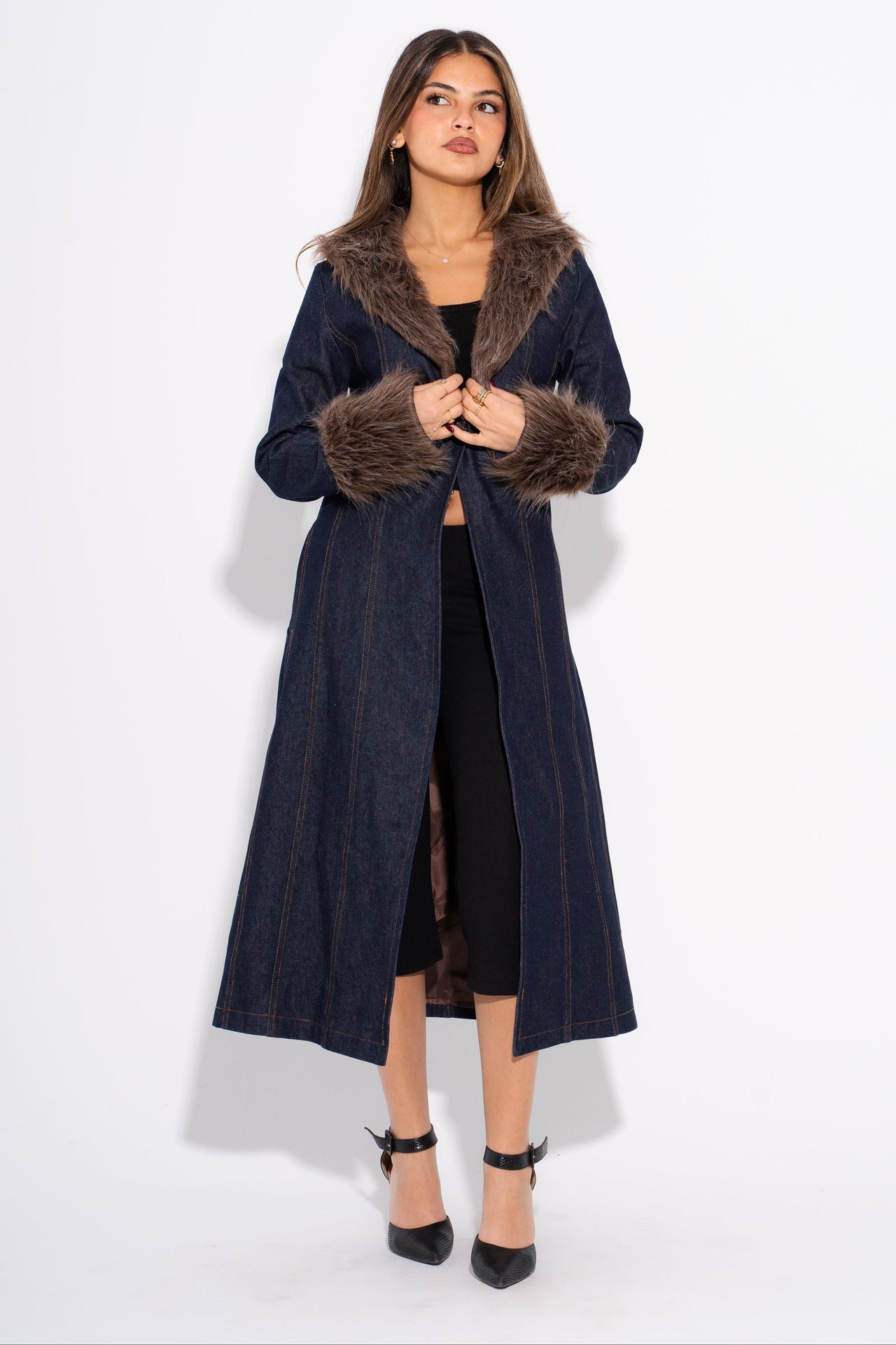 Denim Plain Fur Coat – Deep Navy Blue