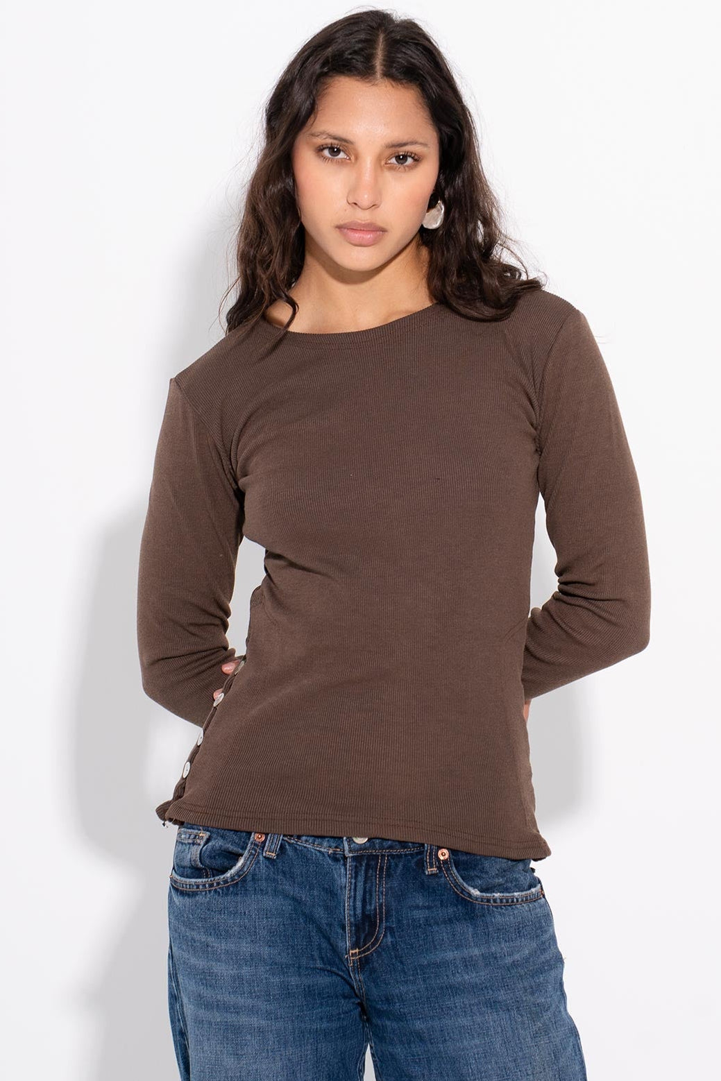 Cotton Plain Side-Button Tee – Café