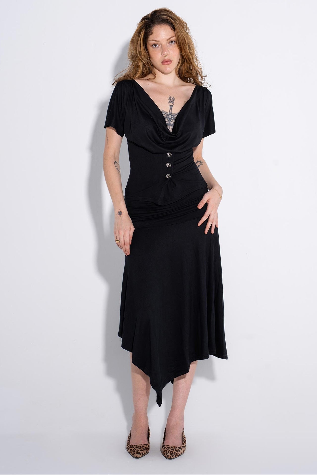 Draped Button Detail Two-Piece Set – Black