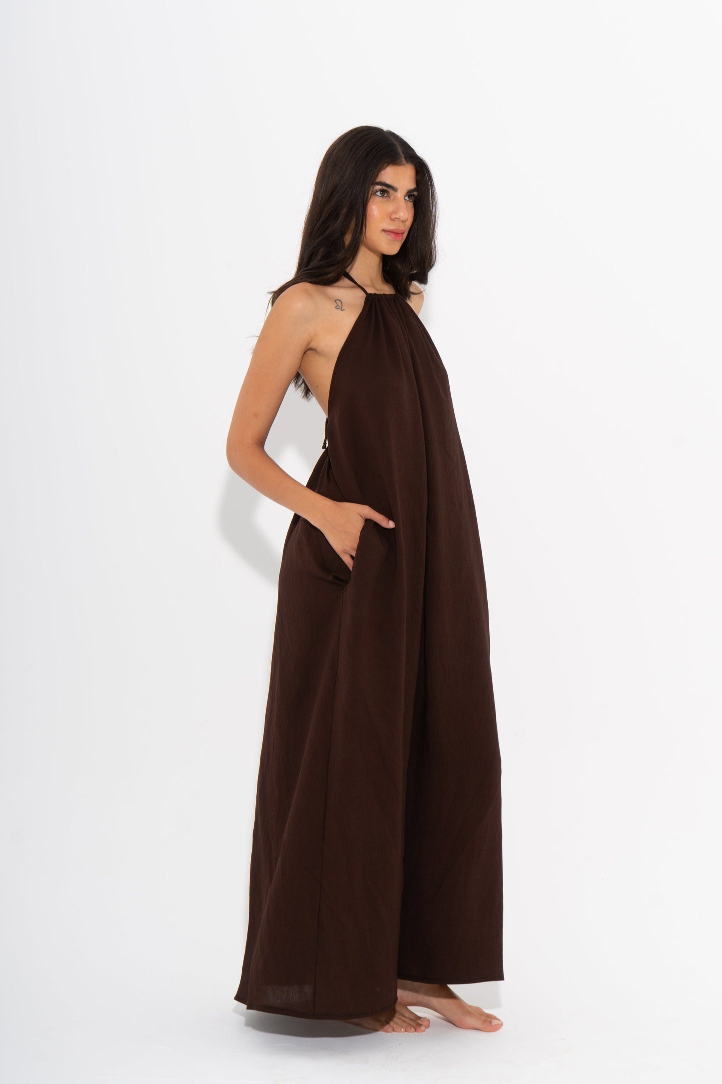 Linen Halter Maxi Flow Dress - Brown