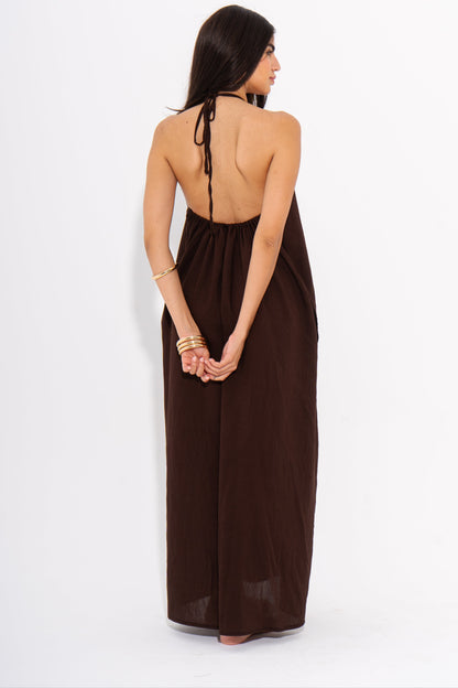 Linen Halter Maxi Flow Dress - Brown