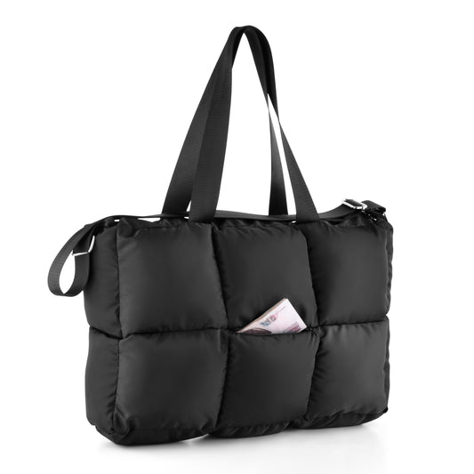 Large capacity waterproof soft quilted shoulder bag and hand bag for women - Black