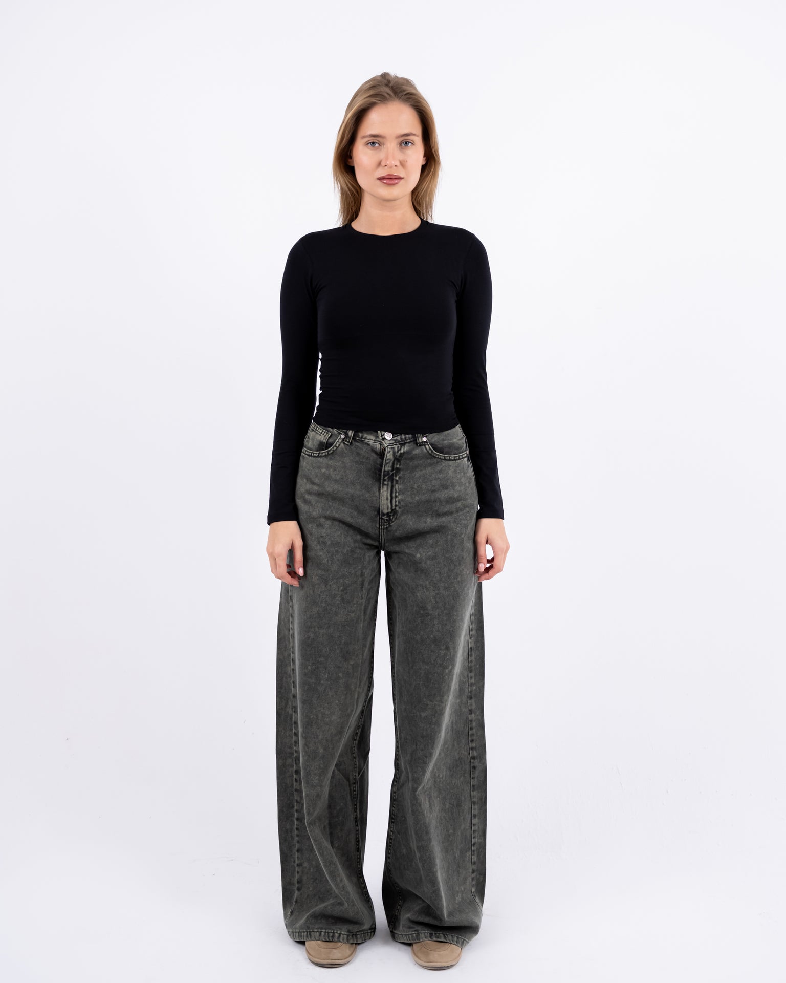 olive Washed Wide-leg Jeans