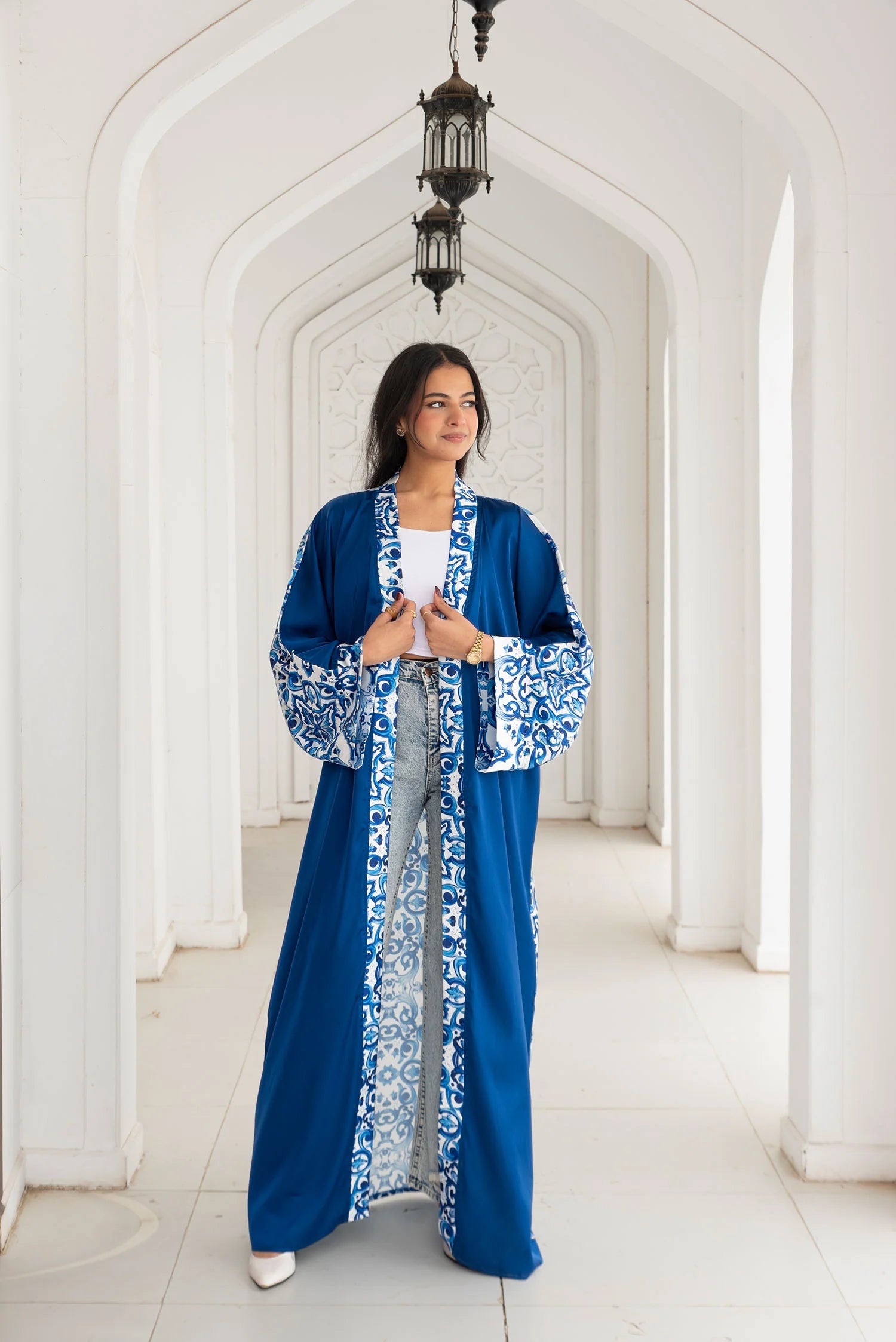 Satin Islamic Print Long Sleeve Kimono - Blue