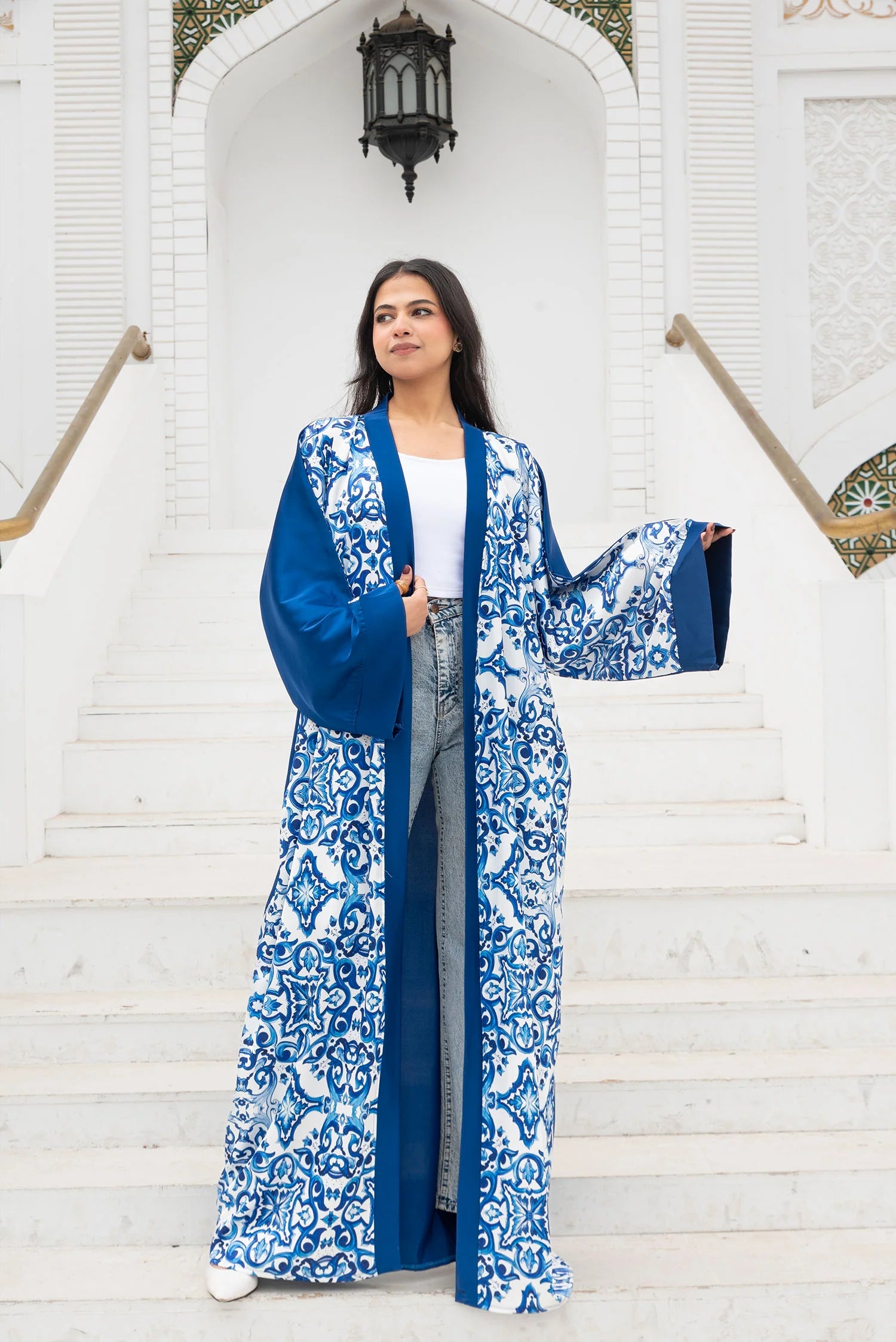 Satin Islamic Front Printed Long Sleeve Kimono - Blue