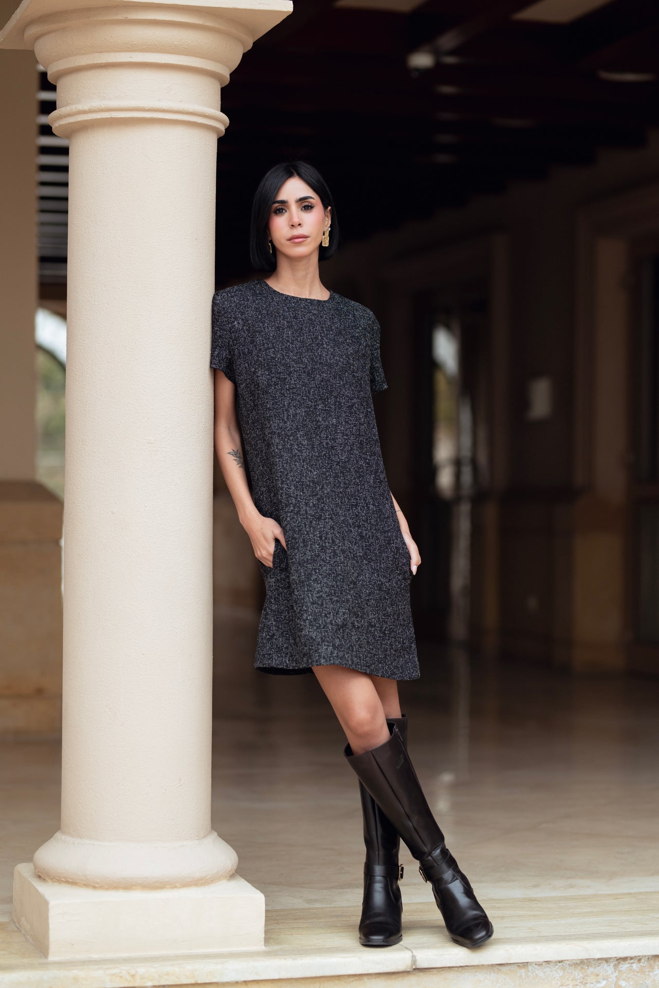 Synthetic Tweed Mini Dress – Black