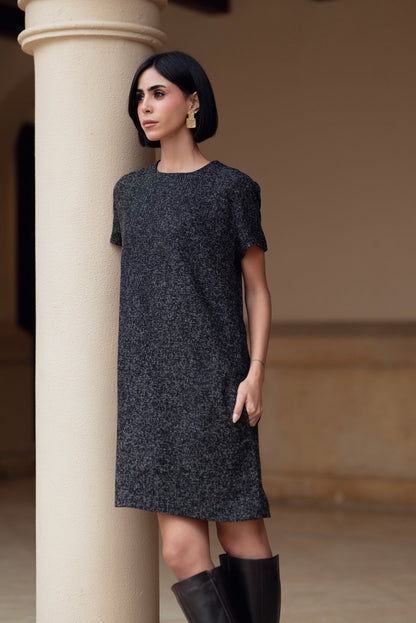 Synthetic Tweed Mini Dress – Black