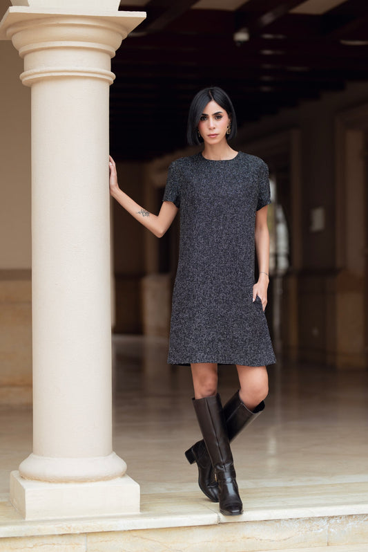 Synthetic Tweed Mini Dress – Black
