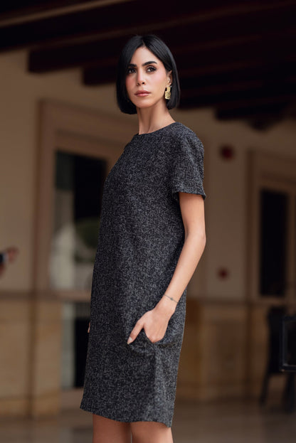 Synthetic Tweed Mini Dress – Black