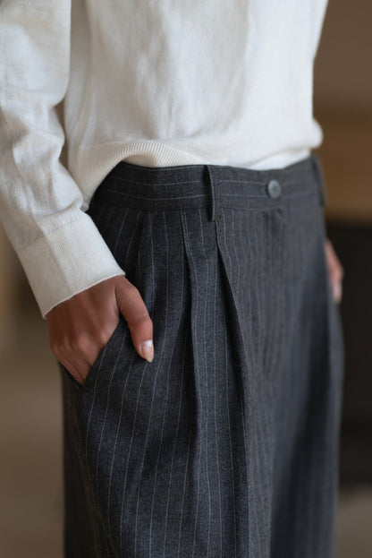 Viscose Striped Wide-Leg Trousers - Dark Grey