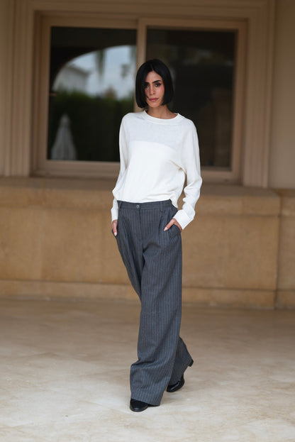 Viscose Striped Wide-Leg Trousers - Dark Grey