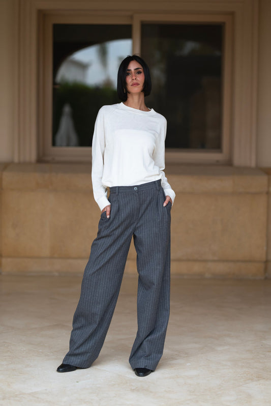 Viscose Striped Wide-Leg Trousers - Dark Grey