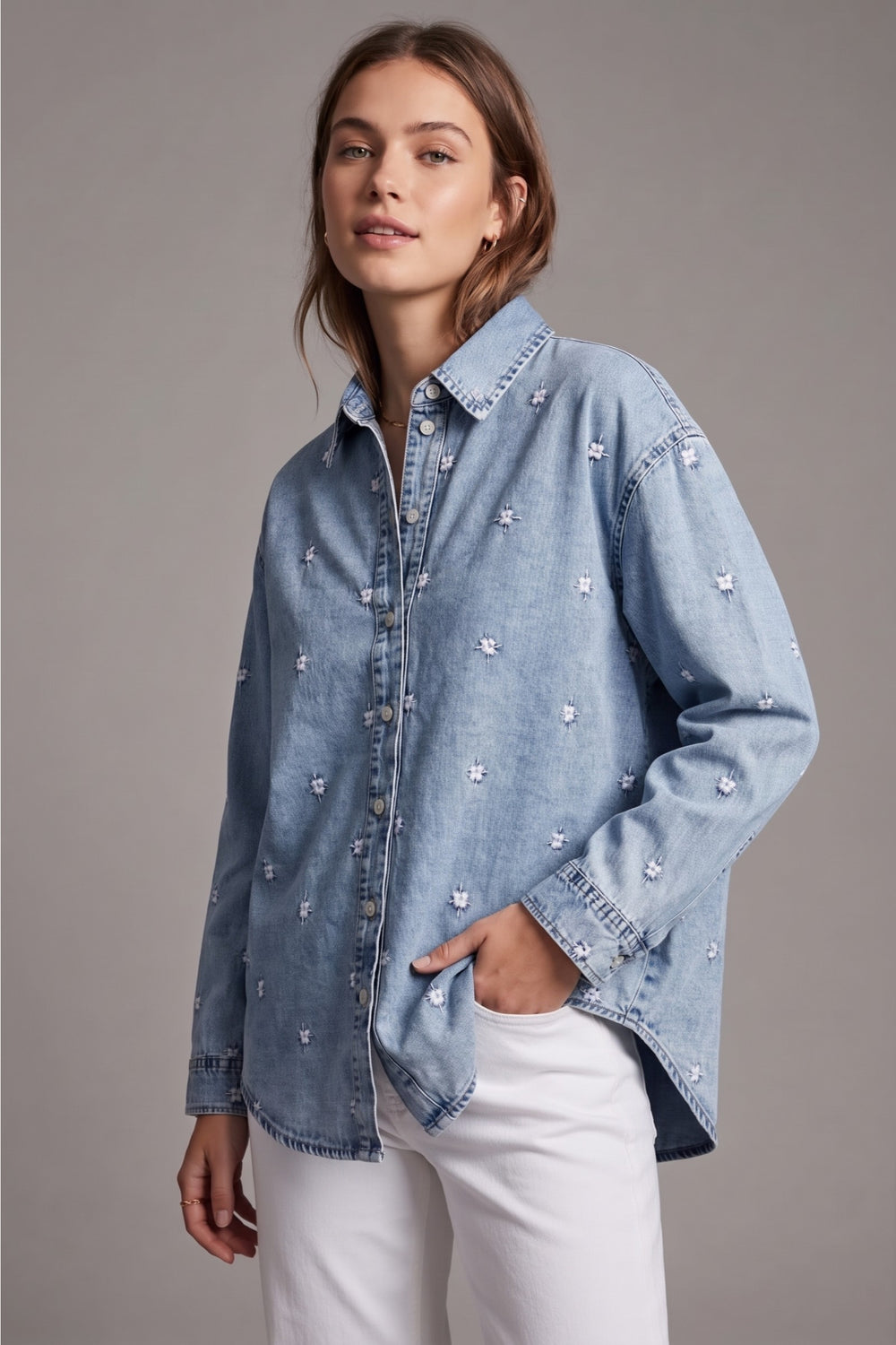 Floral Embroidered Denim Shirt – Light Blue