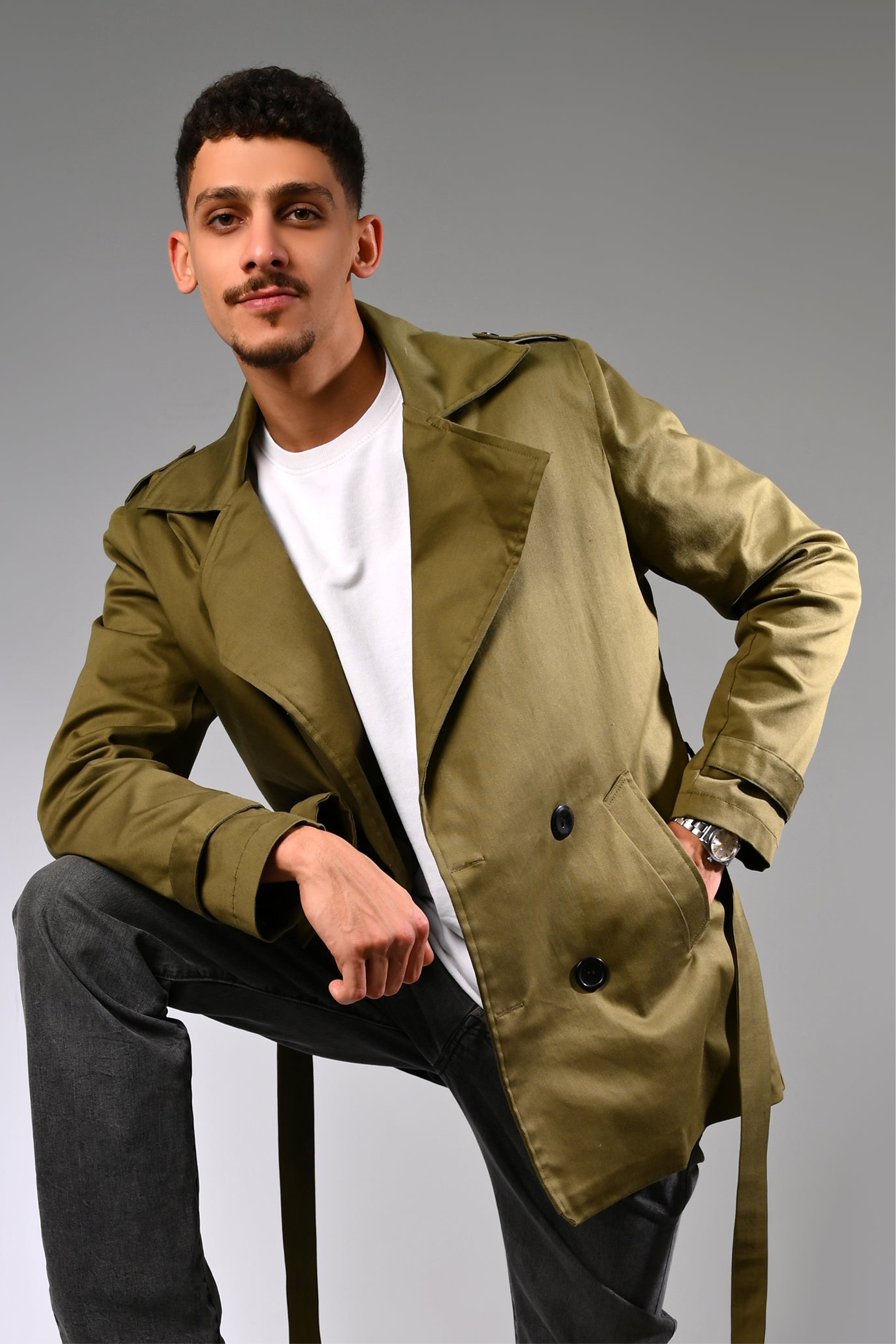 Olive Green Gabardine Trench Jacket