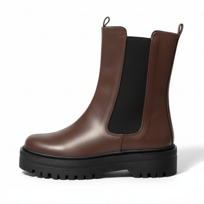 PU Leather Plain Slip-On Boots – Brown