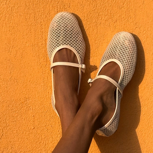 Leather Ballerina Fishnet Flats - Beige