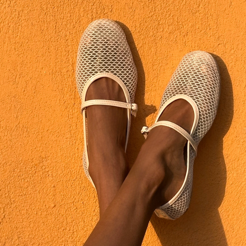 Leather Ballerina Fishnet Flats - Beige