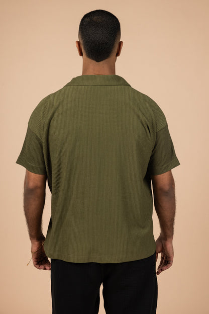 Cotton Moon Crushed Boxy Fit Polo Shirt - Olive Green