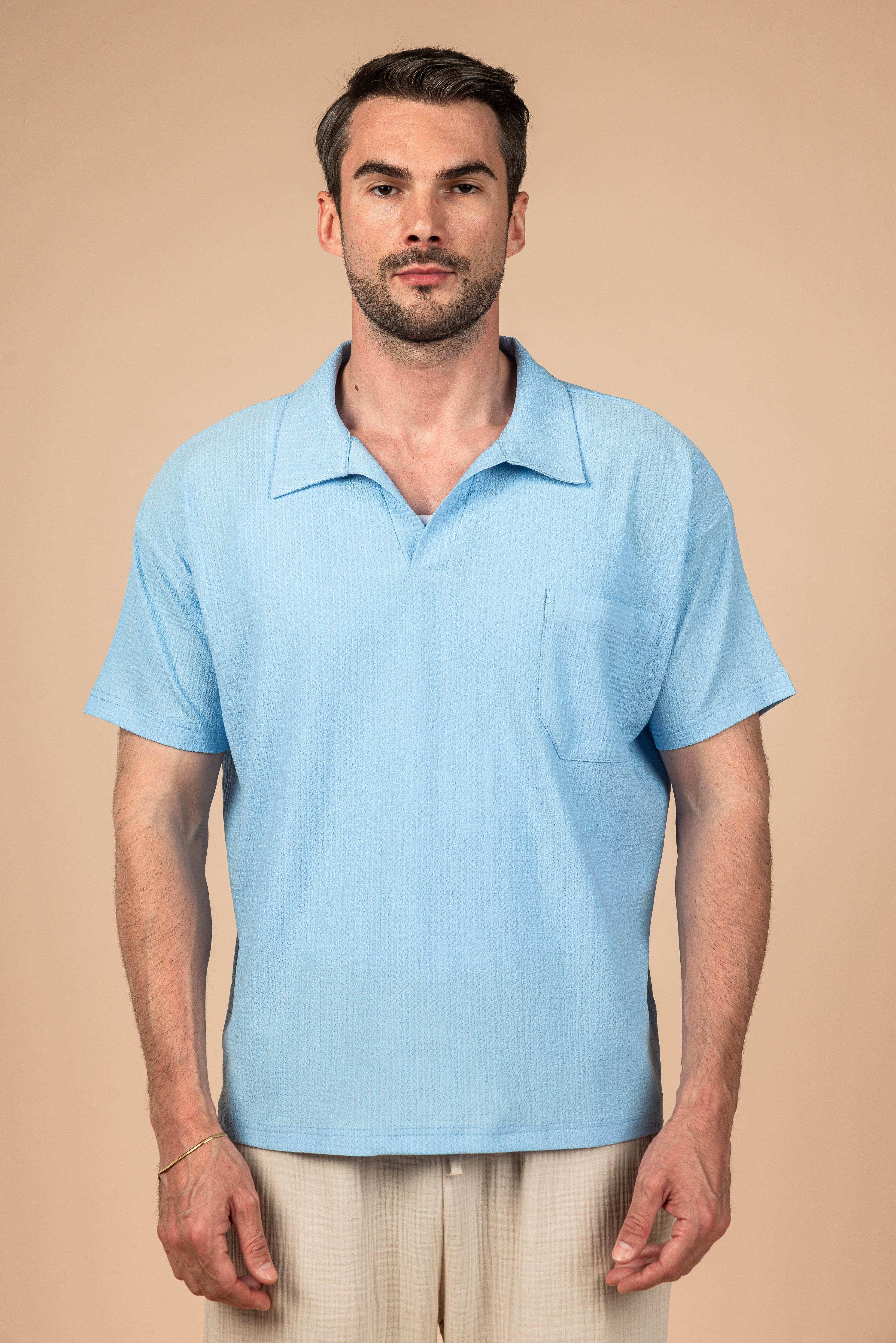 Moon Crushed Boxy Fit Polo Shirt - Sky Blue