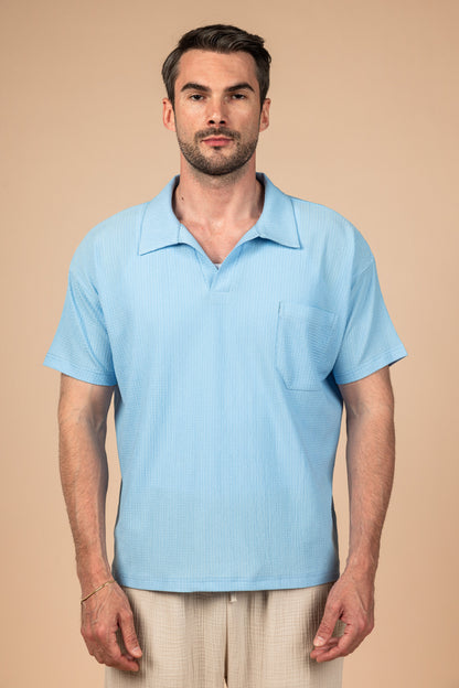 Moon Crushed Boxy Fit Polo Shirt - Sky Blue