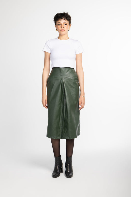 Leather Solid Midi Skirt – Olive Green