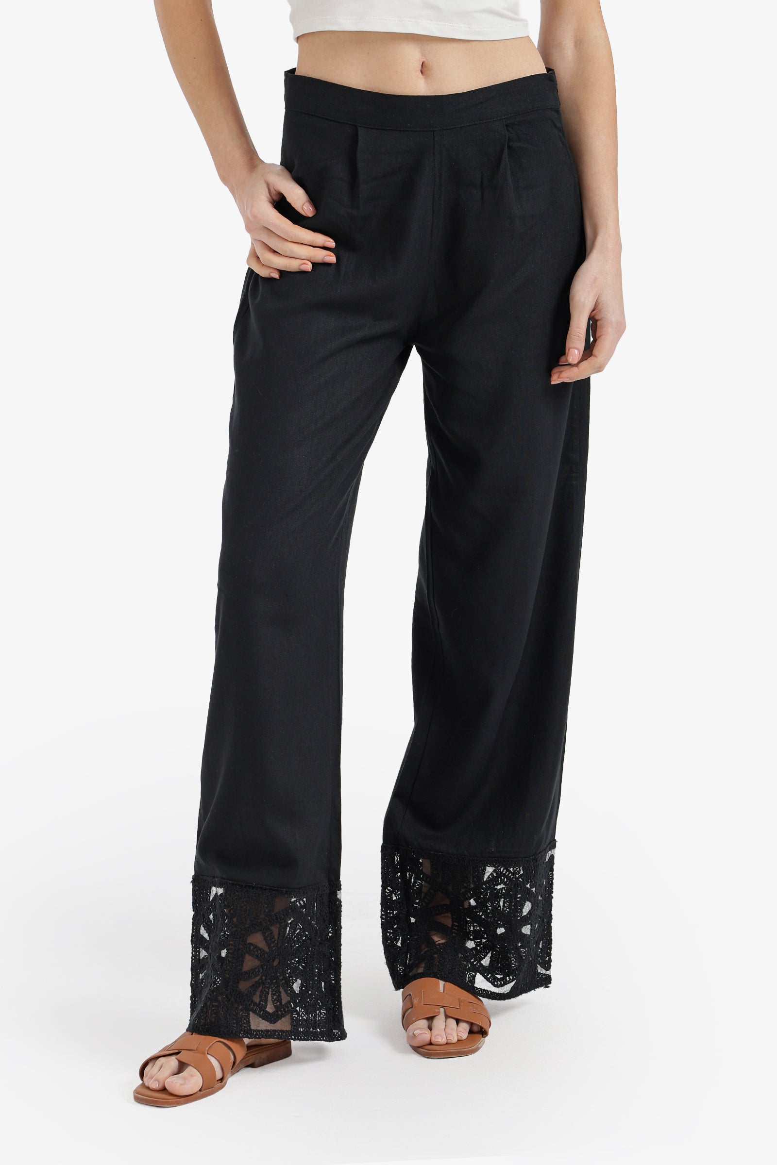 Solid Embroidered Hem Wide-Leg Pants – Black