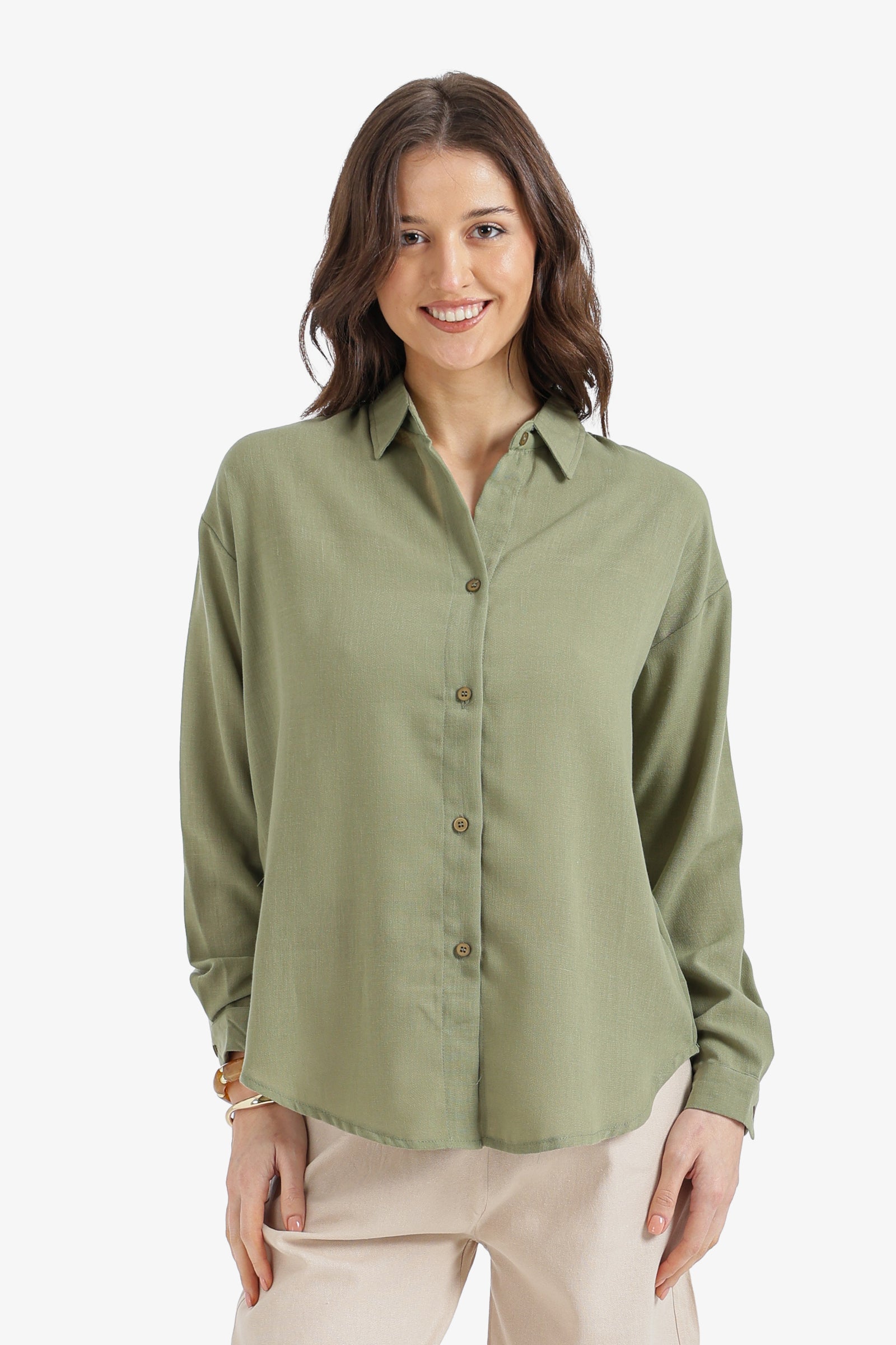 Solid Dropped-Shoulder Relaxed Shirt - Olive Green