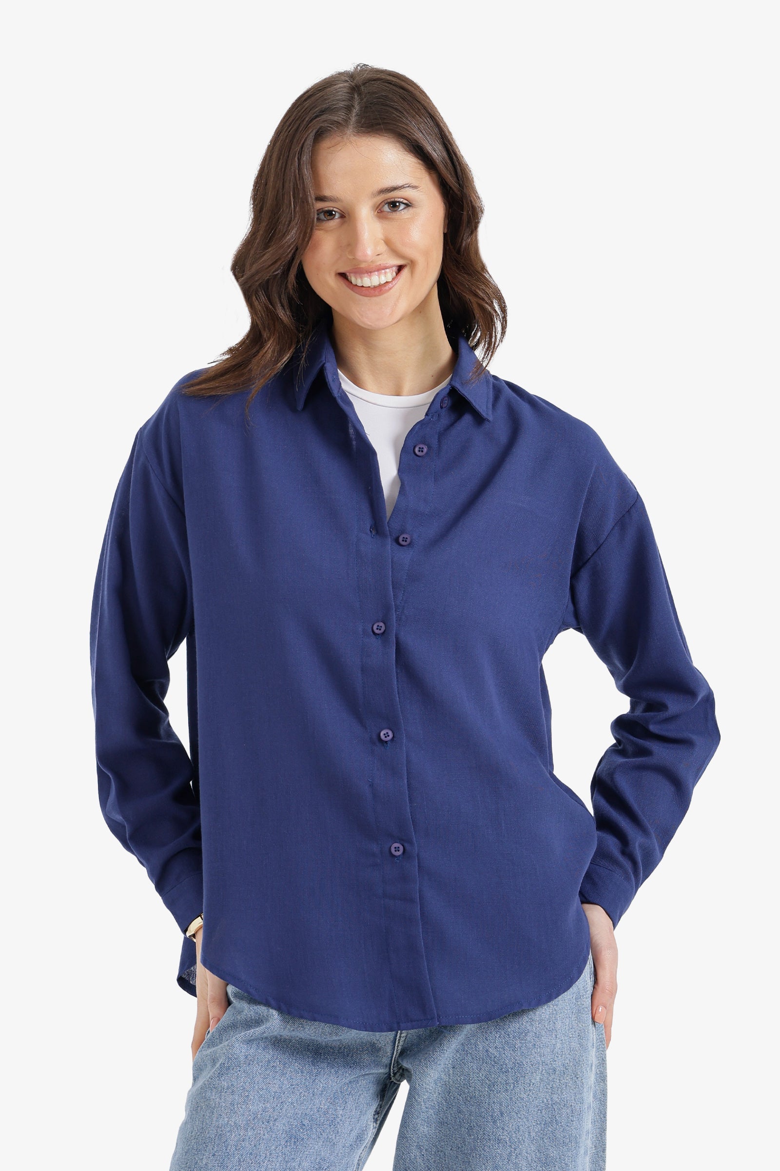 Solid Dropped-Shoulder Relaxed Shirt - Navy