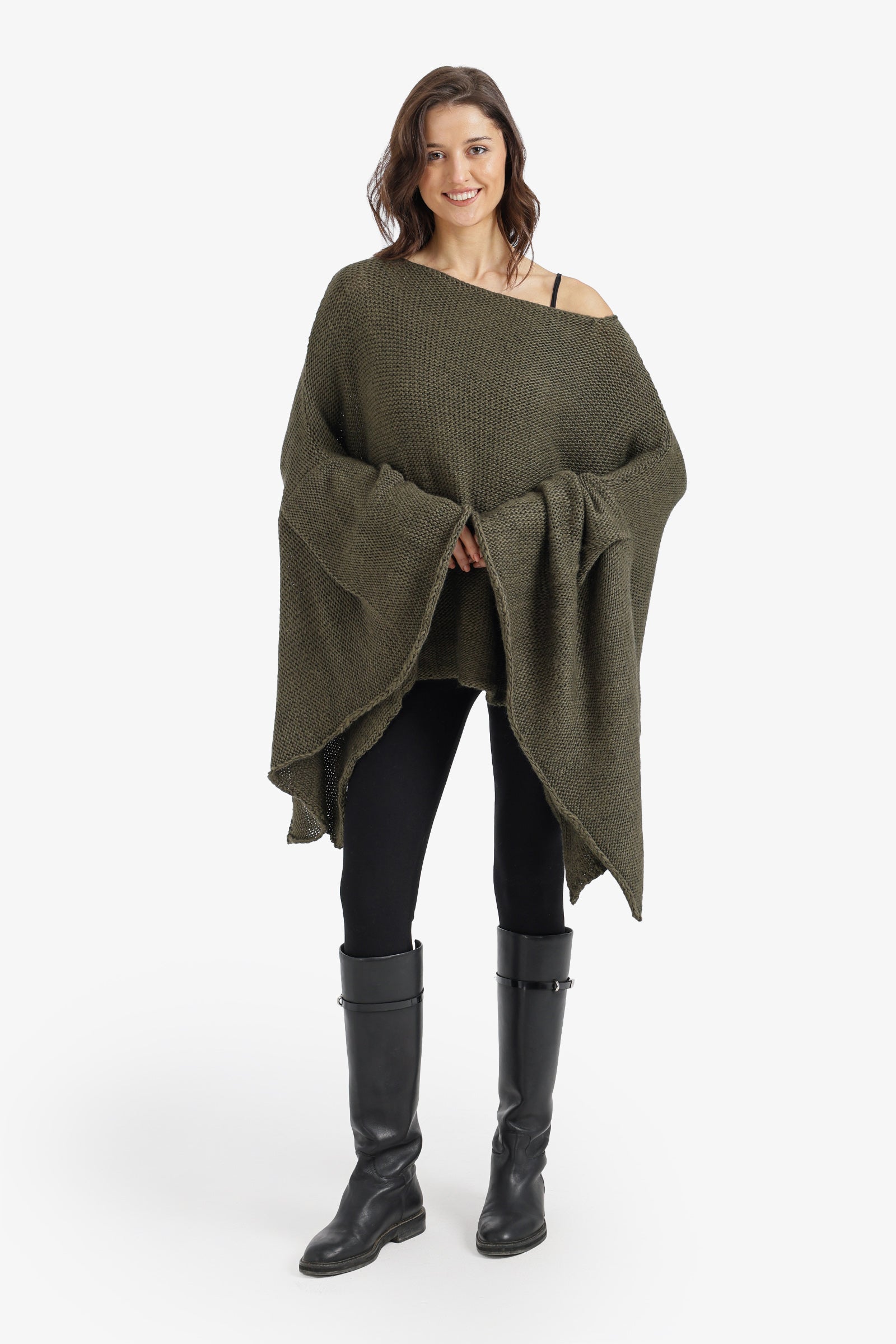 Solid Asymmetric Sleeve Knit Poncho – Olive Green