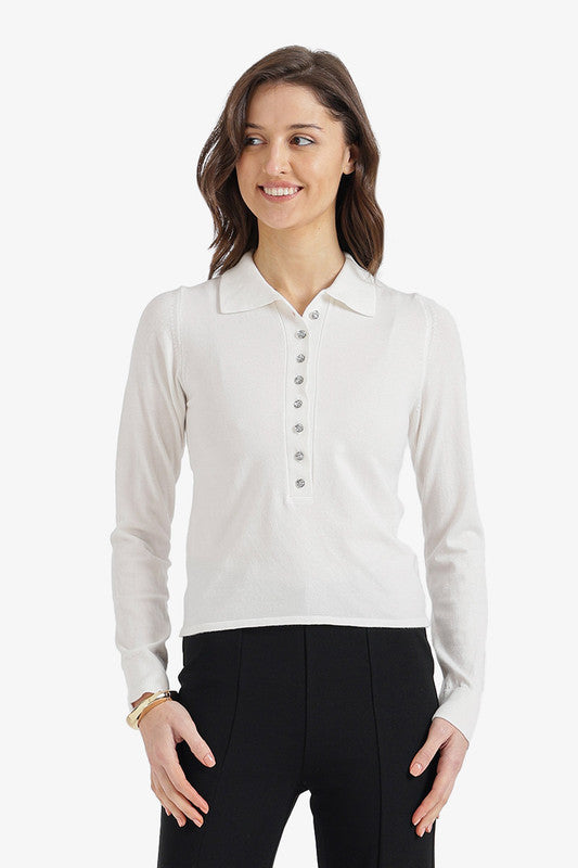 Solid Buttoned Slim Fit Pullover – Off White