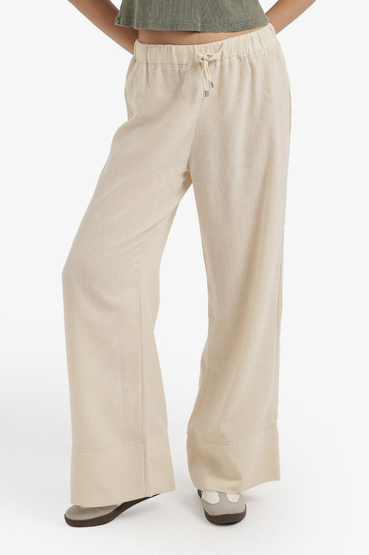 Plain Drawstring Wide-Leg Pants – Light Beige