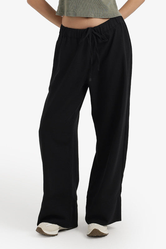 Plain Drawstring Wide-Leg Pants – Black